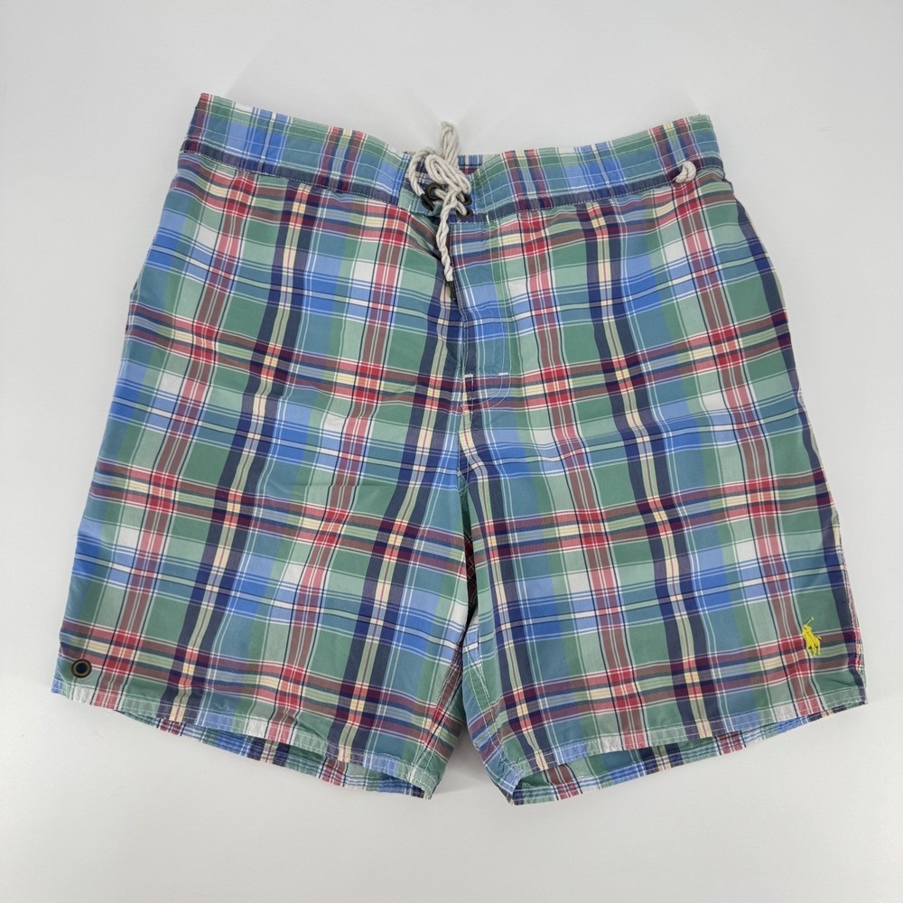 Polo Ralph Lauren Mens Plaid Swim Trunks Green Blue Red L Drawstring Mesh Lining
